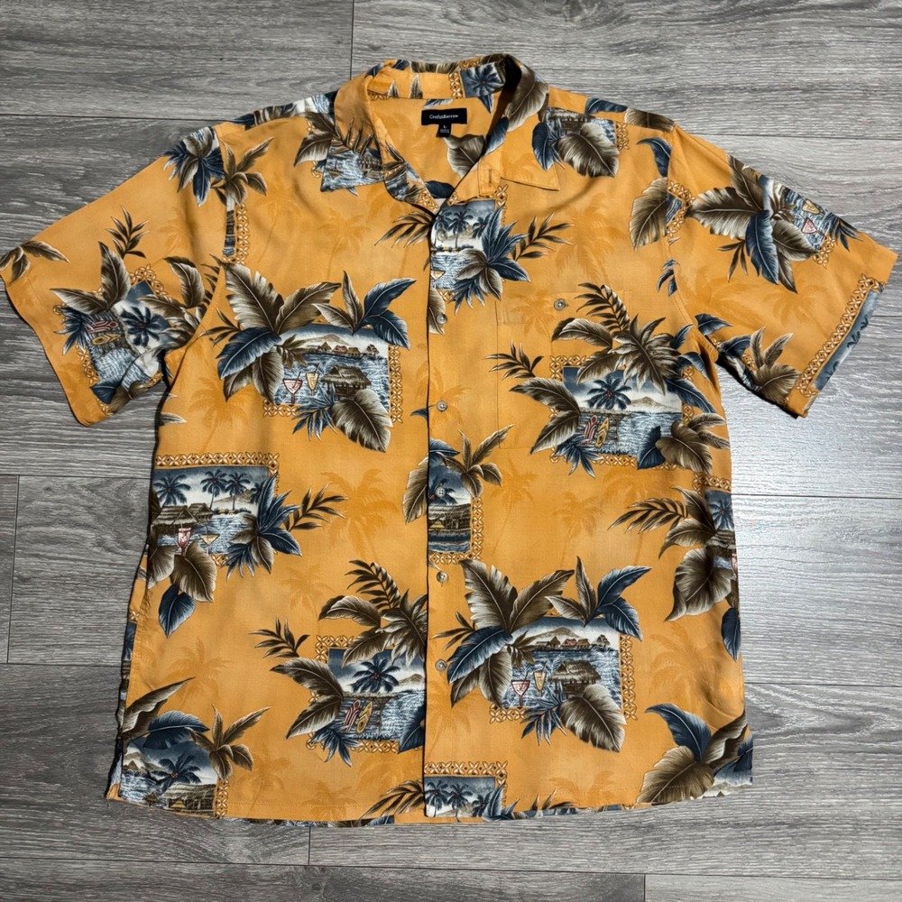 Croft & Barrow Mens‎ Large Tropical Scenic Hawaiian Camp Shirt Mustard Yellow